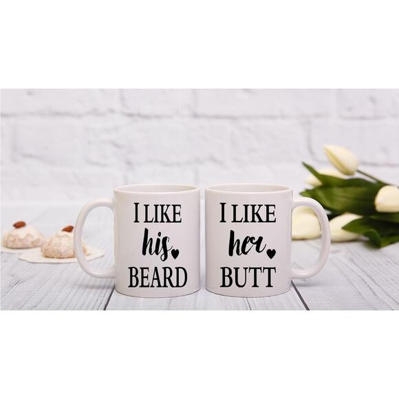 AW Fashions Couples Mug Set I Like His Beard I Like Her Butt Funny Gift 11oz New - Picture 3 of 5